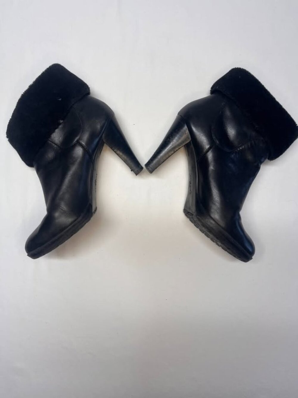 Anne Klein Black Leather High Heel Boots Shearling Cuff - Size 7M